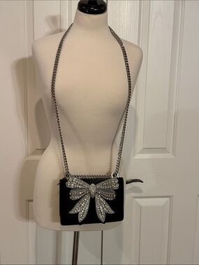 Kurt Geiger Black Crystal Bow velvet Crossbody Bag with Silver Chain